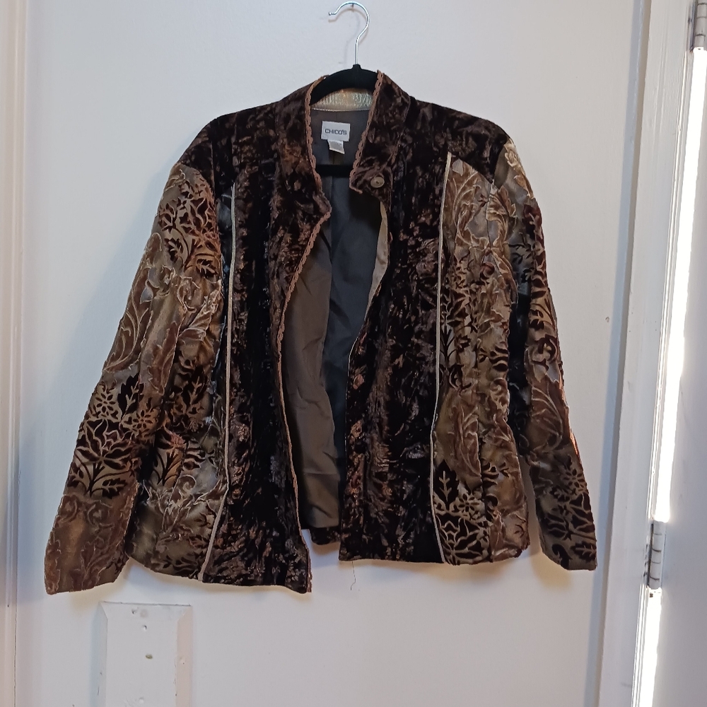 Chicos Jacket Velvet Lace Brown Button Brocade Size 3 Pockets Xl 16